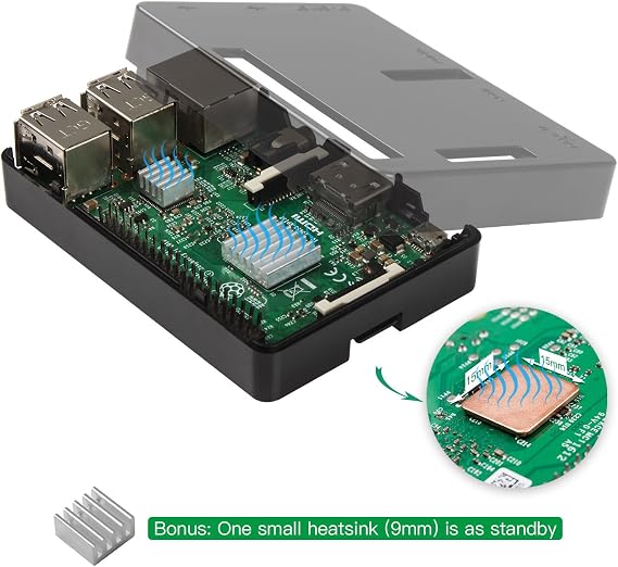 Smraza Case for Raspberry Pi 3 B+, 3 Model B Black Case, 2.5A Power Supply with On/Off Switch,3 Heatsinks