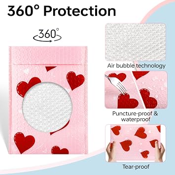 50 Pcs Bubble Mailers, 6 x 9 Inch, Valentine, Red Heart