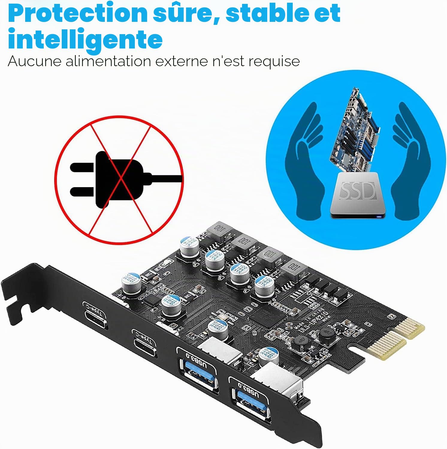 Carte d'extension USB 3.0 PCIe 4 Ports(2X Type C, 2X Type A), Carte Pci Express USB 3.0 5 Gbit/s pour PC de Bureau