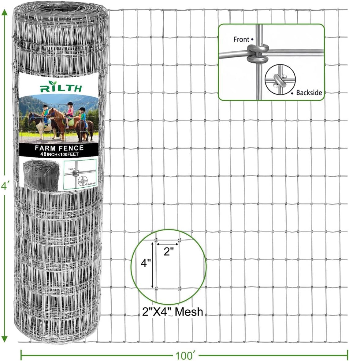 Galvanized 4x100ft Heavy Duty Horse Fence, 2x4 Inch Mesh, Rust-Resistant Metal Wire Farm Fencing for Livestock, Pasture, Garden, and Animal Containment Galvanized 2x4Inch Mesh 4x100ft