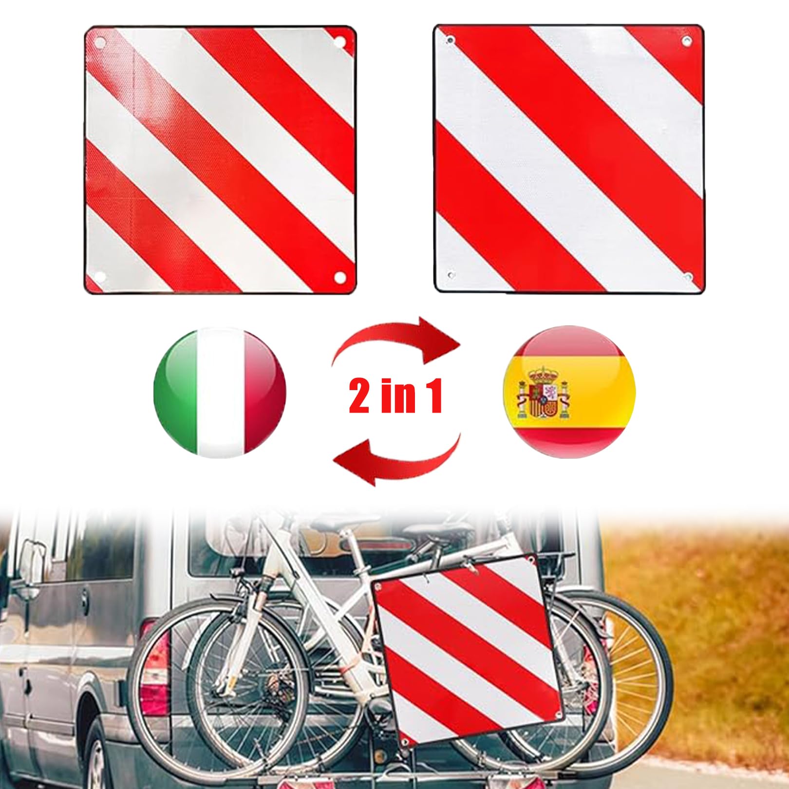 2in1 Warntafel Italien und Spanien Fahrradträger,PVC 50x50cm Mit 4 Spannseile Roten Weißen Streifen Reflektierende Warnschild,Klappbar Warntafeln,für Wohnmobil Fahrradträger Wohnwagen Heckträger
