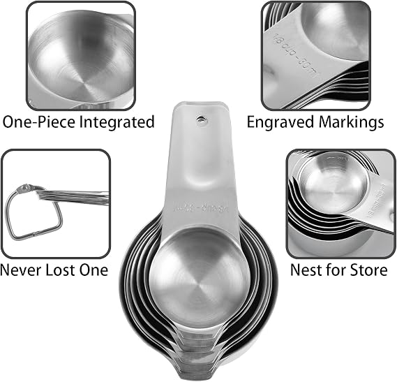 ASelected 7 Piece Stainless Steel Measuring Cups, Stackable Measuring Jups Set, Heavy Duty Metal, Stackable Set for Dry Ingredients and Liquid, Cooking & Baking