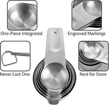 ASelected 7 Piece Stainless Steel Measuring Cups, Stackable Measuring Jups Set, Heavy Duty Metal, Stackable Set for Dry Ingredients and Liquid, Cooking & Baking
