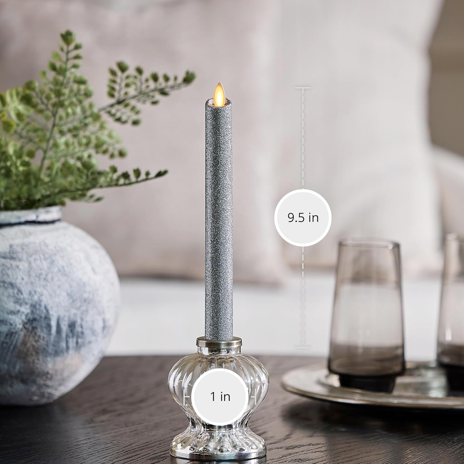 Luminara Brilliant Silver Glitter Flameless Candle Moving Flame LED Taper - 1" x 9.5"