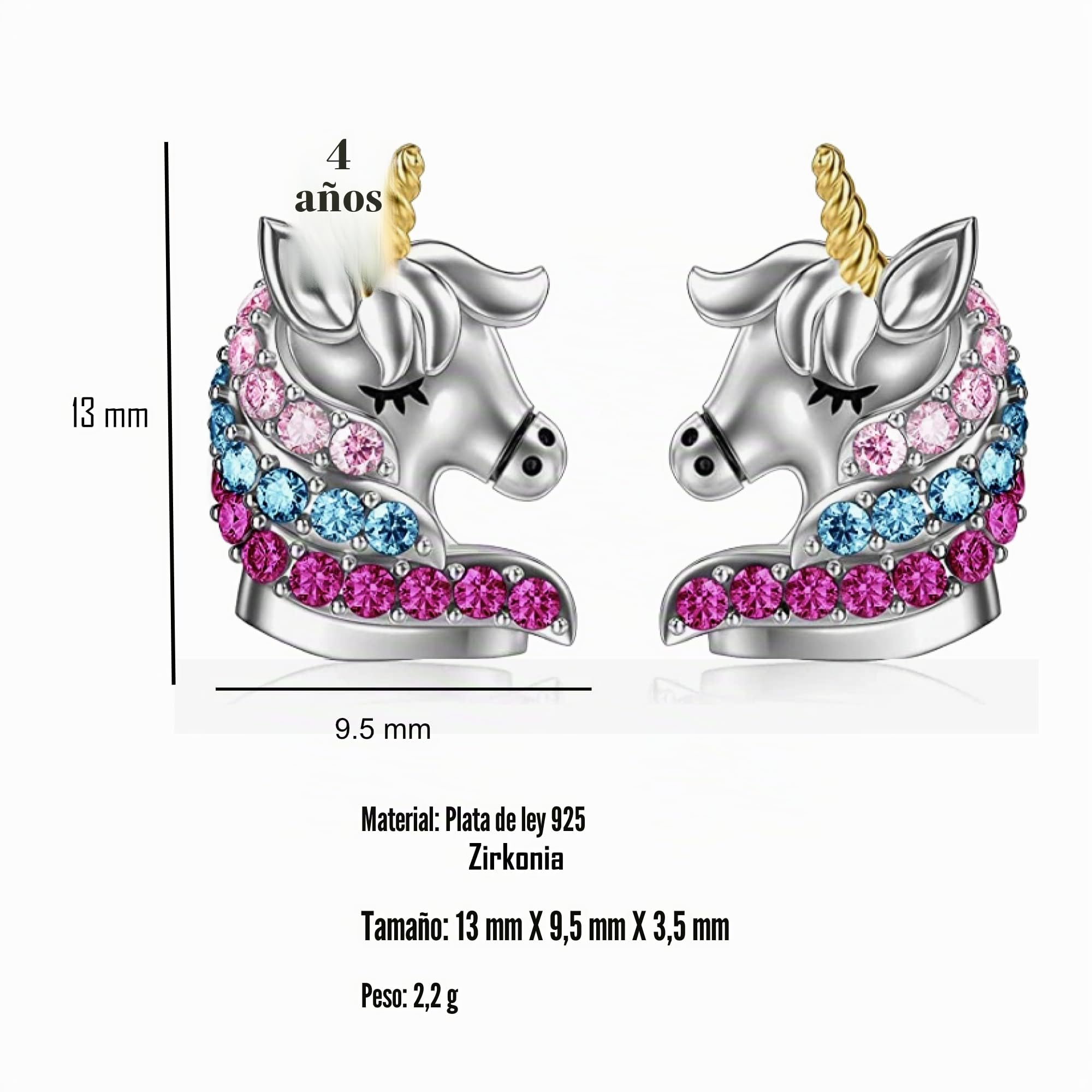 Pendientes de plata de ley 925 con diseño de mariposa, diseño de unicornio, con nácar, corazón y gotas para niñas, Plata, Circonia cúbica