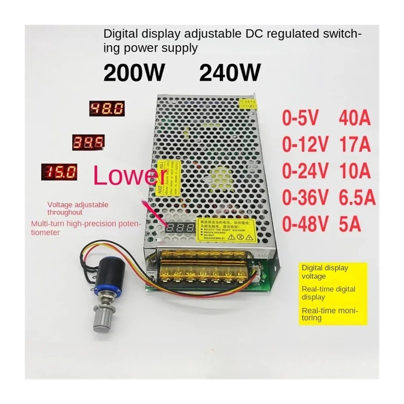 Zasilacz impulsowy 200 W/240 W, napięcie regulowane cyfrowo (0-5 V, 0-12 V, 0-24 V, 0-36 V, 0-48 V), stabilizacja prądu stałego.