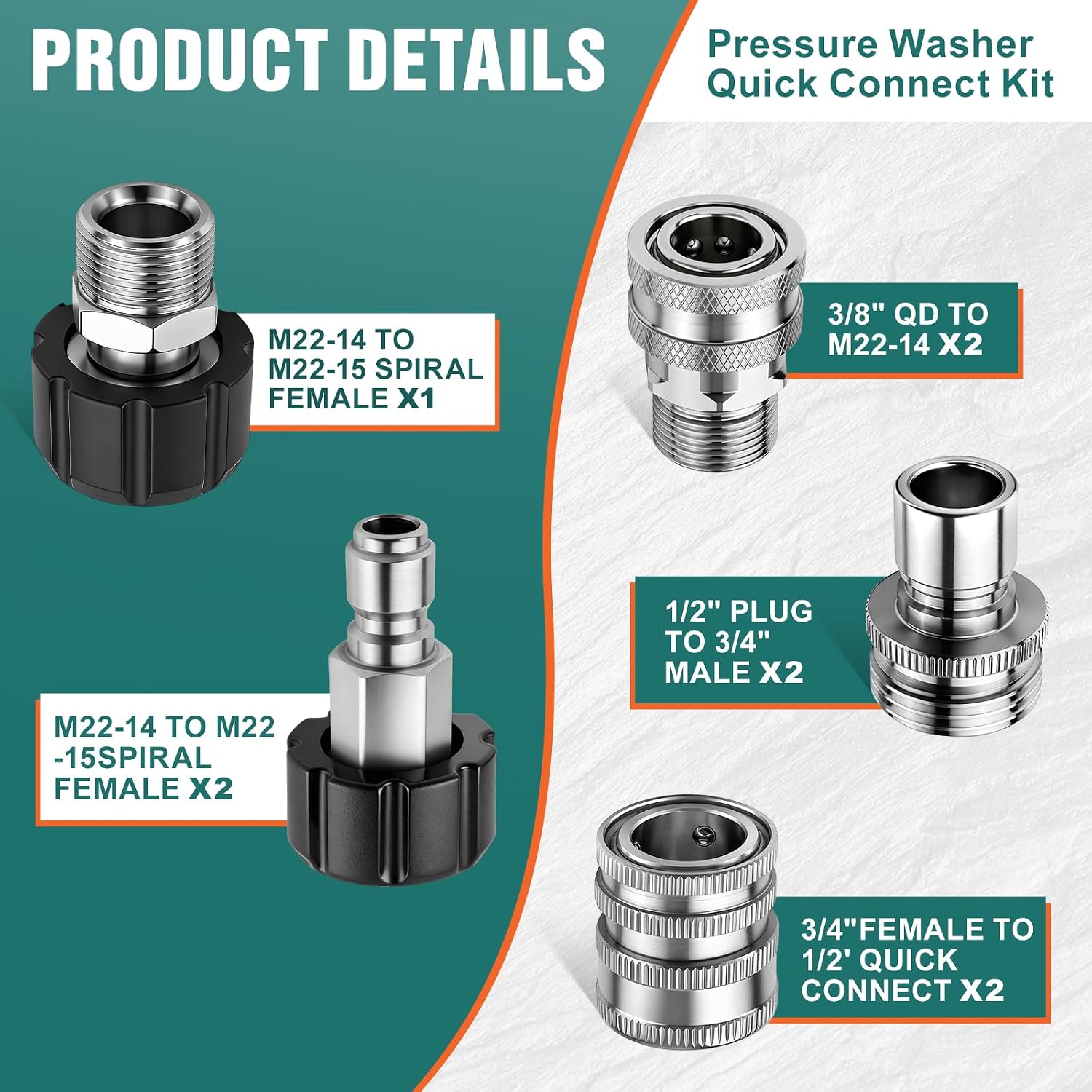 M22 to 3/8 Quick Connect, Pressure Washer Hose Adapter, M22-14mm to 3/8 Quick Connect, 5000 PSI, Stainless Steel for Pressure Washer Guns Hoses Pumps (M22-14mm to 3/8 9pcs)