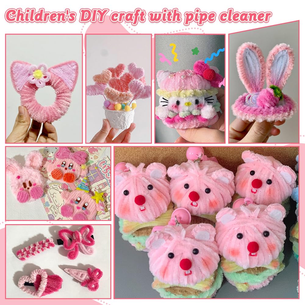 216 pcs Pink Pipe Cleaners Set with Floral Wires & Gardening Tape, Chenille Stems Pipecleaners for Tulip Bouquet Making, DIY Craft Projects and Decorations
