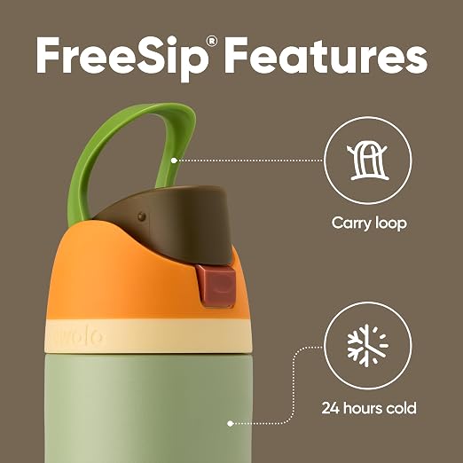 24-ounce insulated stainless-steel water bottle with a FreeSip spout and push-button lid with lock
Patented FreeSip spout designed for either sipping upright through the built-in straw or tilting back to swig from the spout opening
Protective push-to-open lid keeps spout clean; convenient carry loop doubles as a lock
Double-wall insulation keeps drinks cold for up to 24 hours; wide opening for cleaning and adding ice; cup holder-friendly base
BPA, lead, and phthalate-free; hand wash cup, dishwasher-safe lid; not for use with hot liquids