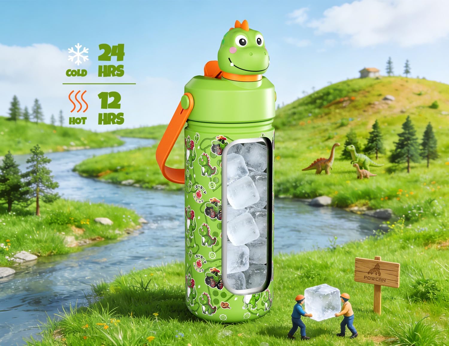 POWCAN Kids Water Bottle for School: 2-in-1 Straw Spout Lid with Soft Animal Head, Leakproof, Backpack Friendly, Keep Cold 24H, Insulated cup for Sports, Playground, Holiday Gift, Cowboy Rex 18 Ounces image 2