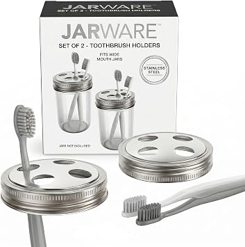 Jarware Toothbrush Holder Lids for Wide Mouth Mason Jars, Set of 2 Stainless Steel Lids