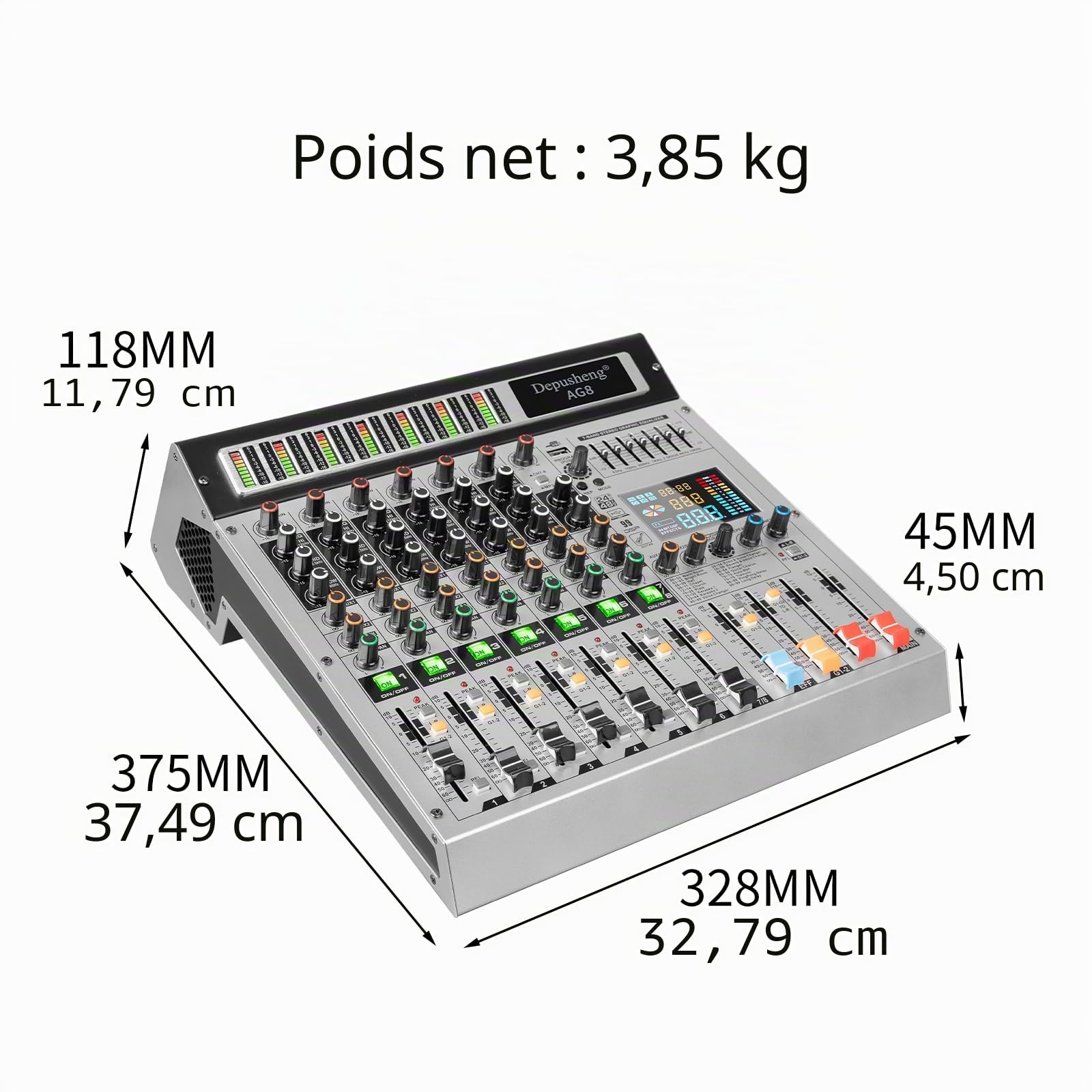 Depusheng AG8 table de mixage audio professionnelle 8 canaux avec lecture et enregistrement USB MP3, avec regroupement et 2 interfaces AUX, 99 effets DSP, adapté aux professionnels et aux débutants