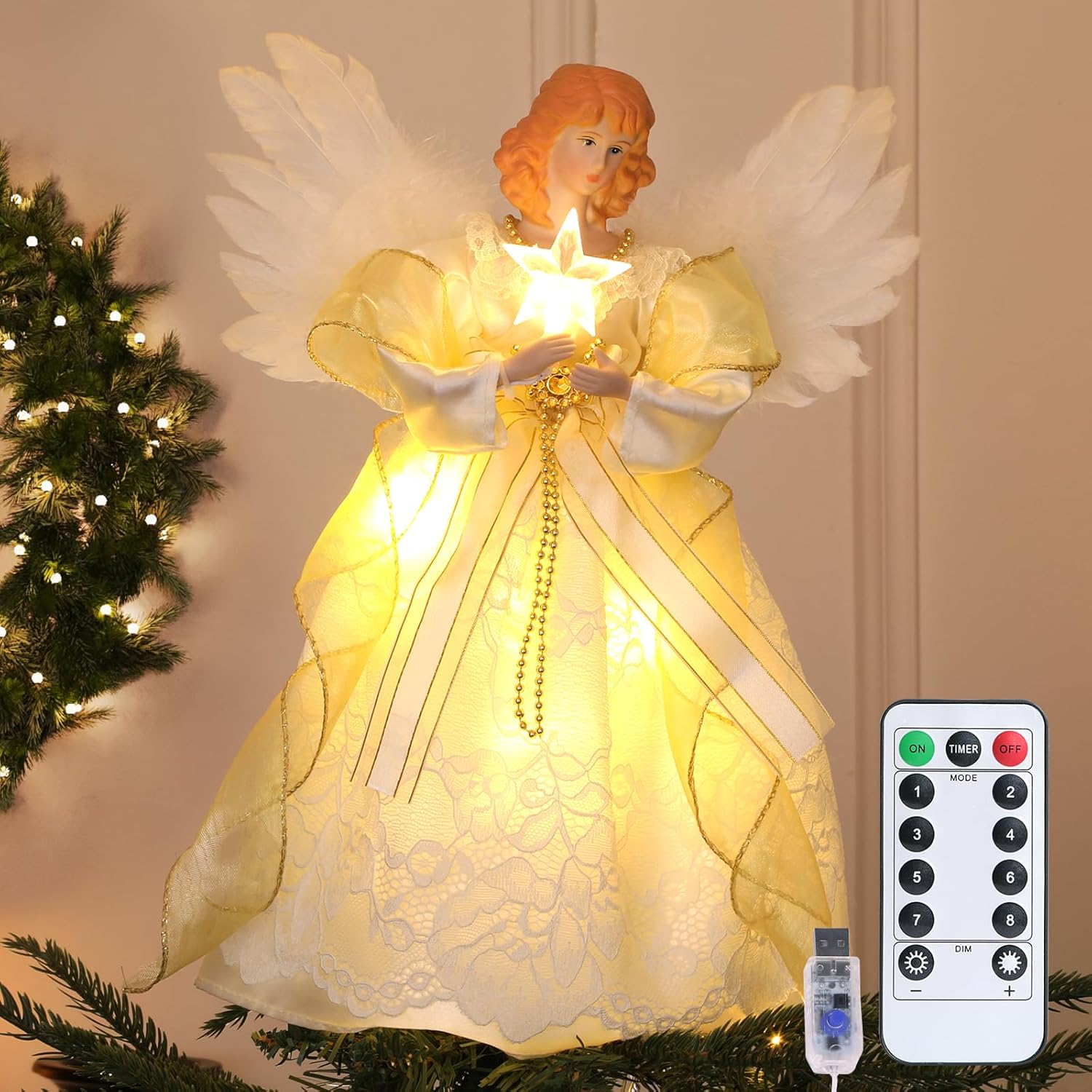 12.5" Angel Christmas Tree Topper with Lights, Lighted Angel Tree Topper with White Feather Wings and Star Light, Remote Control, Timer & USB Powered for Indoor Holiday Tree Decoration