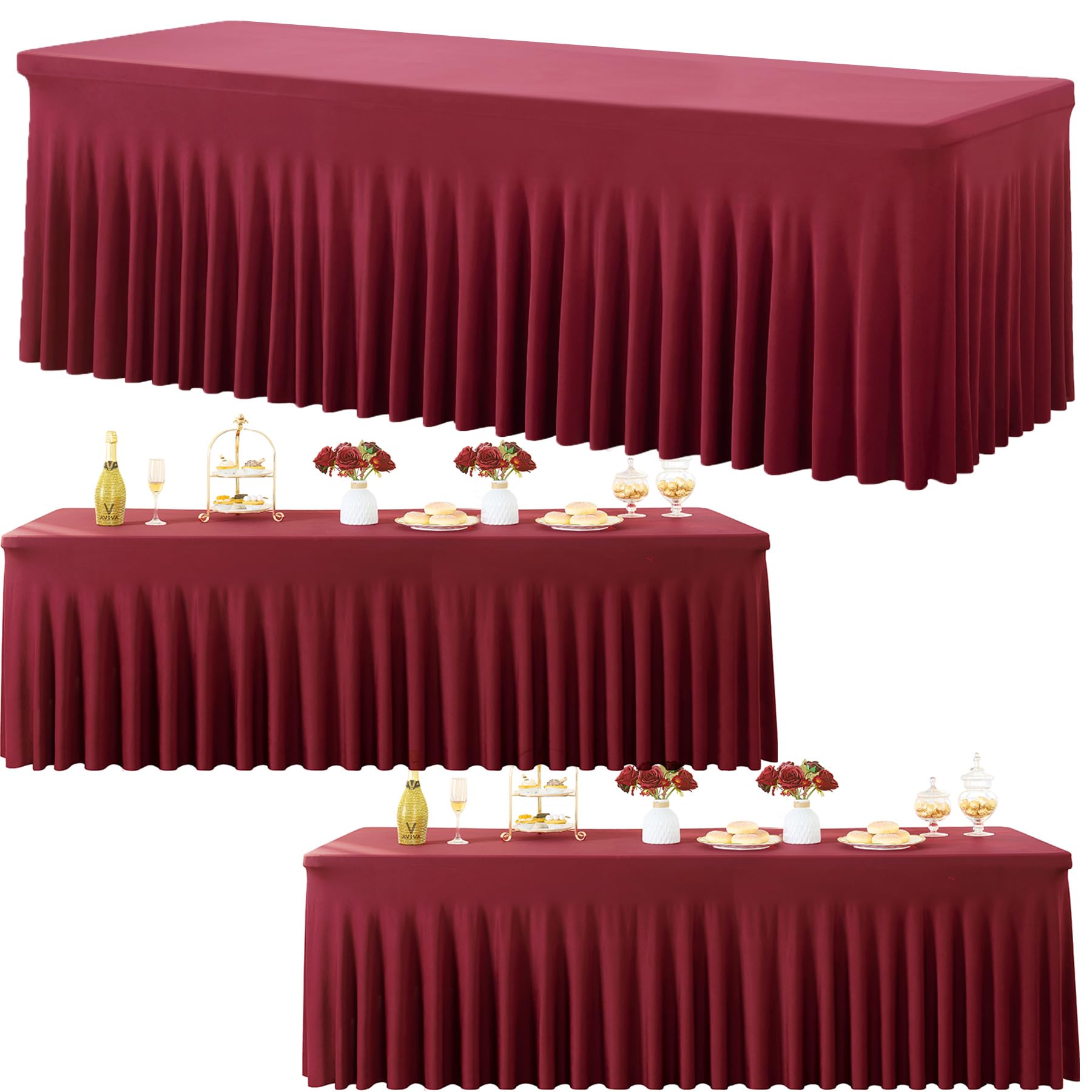 3 Pack Burgundy Spandex Tablecloth for 8 Foot Rectangle Tables, Wrinkle Free Fitted Table Cloth Cover 8ft Maroon Stretchy Tablecloths with Skirt for Parties Weddings Birthday Banquet Baby Shower