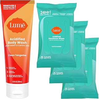 Acidified Body Wash (Clean Tangerine) and Acidified Deodorant Wipes (Cool Cucumber) - 24 Hour Odor Control - Removes Odor Better than Soap - Moisturizing Formula - Aluminum Free, Baking Soda Free