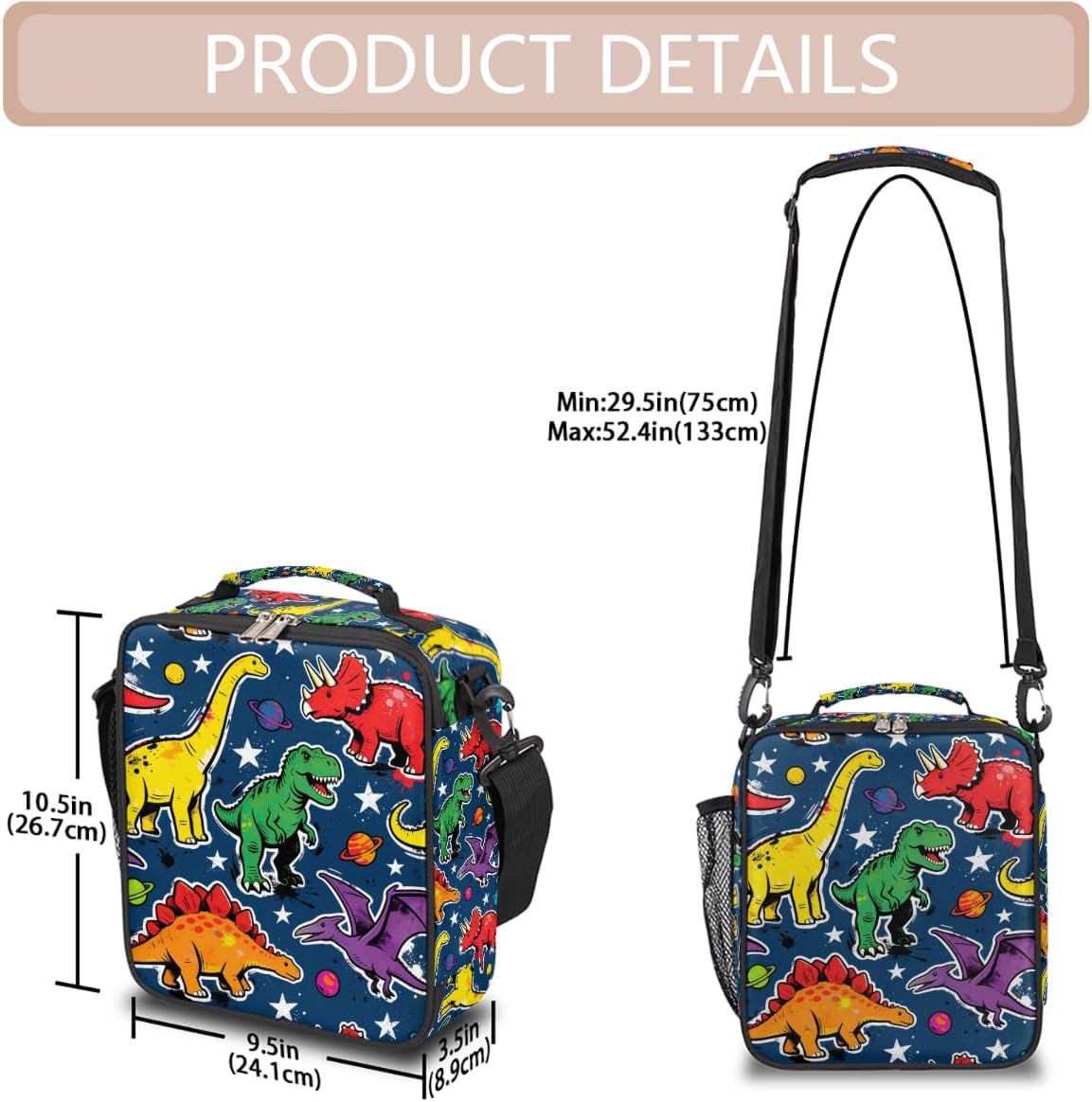 Vintage Dinosaur Planet Space Kids Lunch Bag, Insulated Lunch Box for School Reusable Lunch Tote with Shoulder Strap Leakproof Waterproof for Boys Girls Travel Picnic Camping Outdoor image 3
