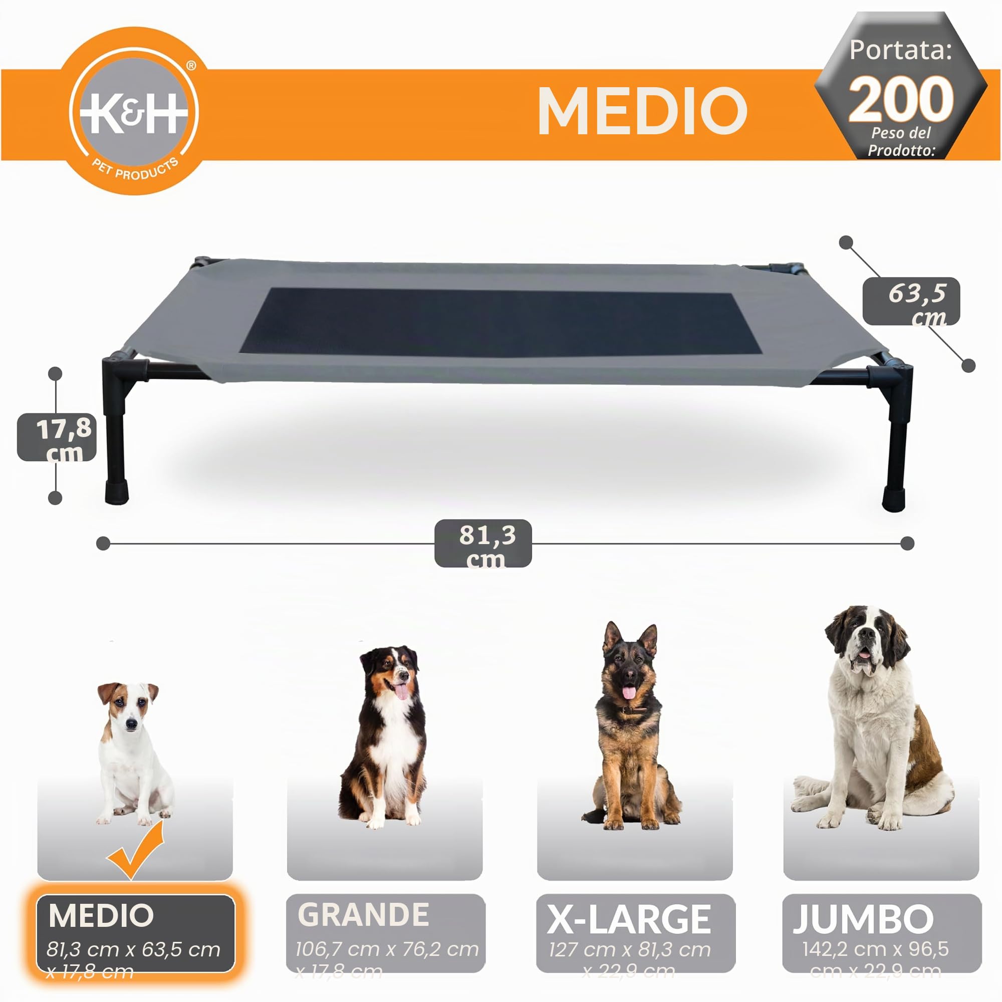 K&H Prodotti per animali domestici, letto rialzato per cani con rete traspirante lavabile, piedini in gomma antiscivolo, lettino portatile per interni ed esterni, rete grigia/nera