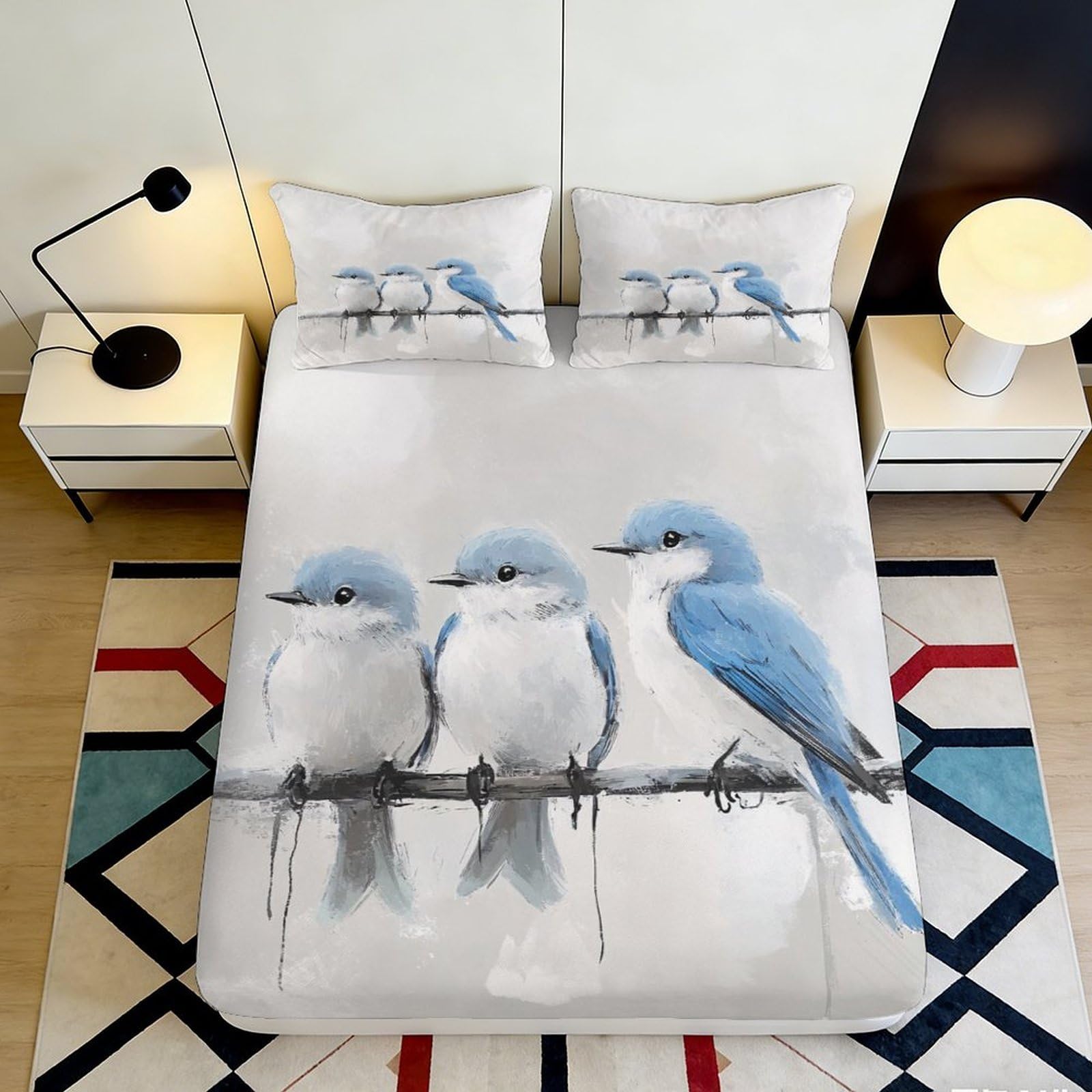 3D Printed Blue Birds Fitted Sheet Microfiber Soft Breathable White Bird Mattress Cover for Bedroom Dormitory Guest Room Mattress Protection Decor 140x200x25cm