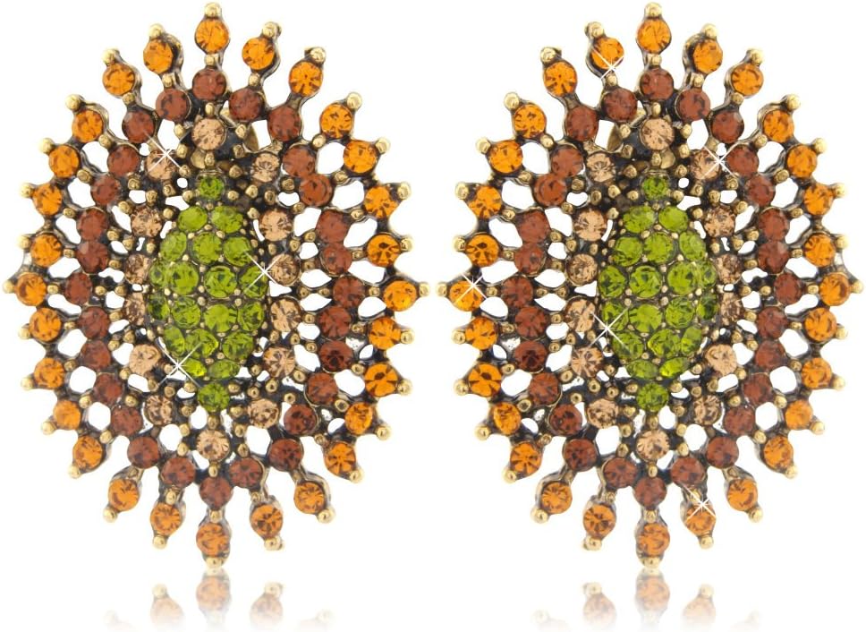 Stud Earrings -Gold Tone Green Amber Brown Champagne Crystal Spikey Glamourous Earrings