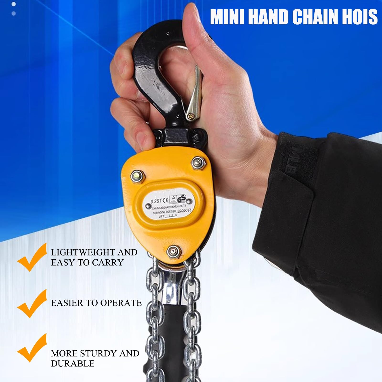 Sollevatore manuale a catena con ganci resistenti e catena G80, mini sollevatore per garage, magazzini, officine automobilistiche, ad alta capacità, facile da usare