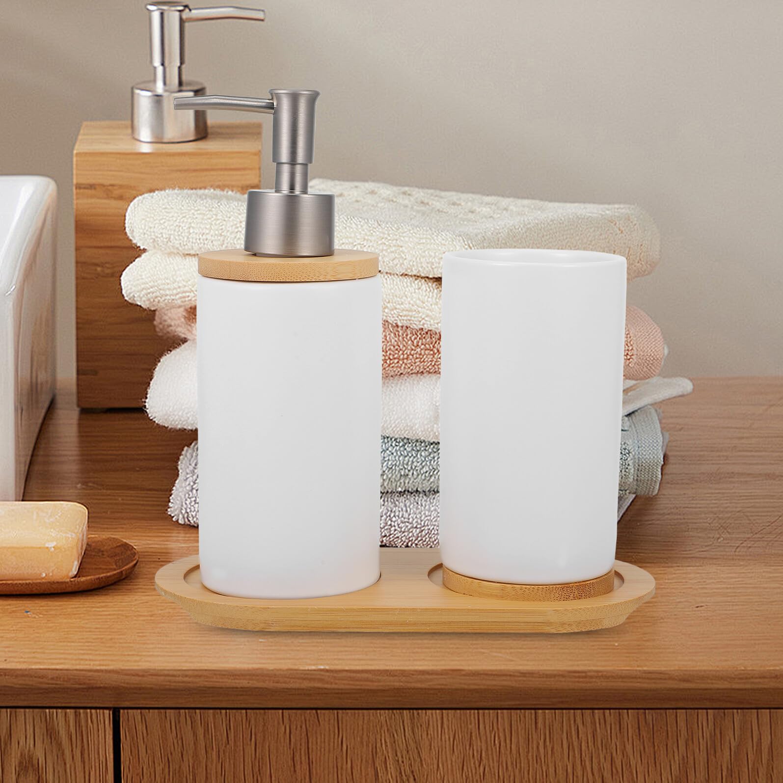 BESPORTBLE Juego de Accesorios de Baño de Cerámica Incluye Vaso para Cepillos de Dientes 350Ml Dispensador de Loción 430Ml y Base Adecuado para Baño y Uso Doméstico