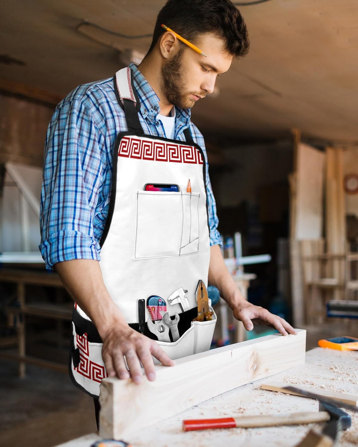 Work Apron for Men Adjustable Woodworking Apron with 16 Pockets Oxford Apron Artistic Geometric Border Red Tool Apron