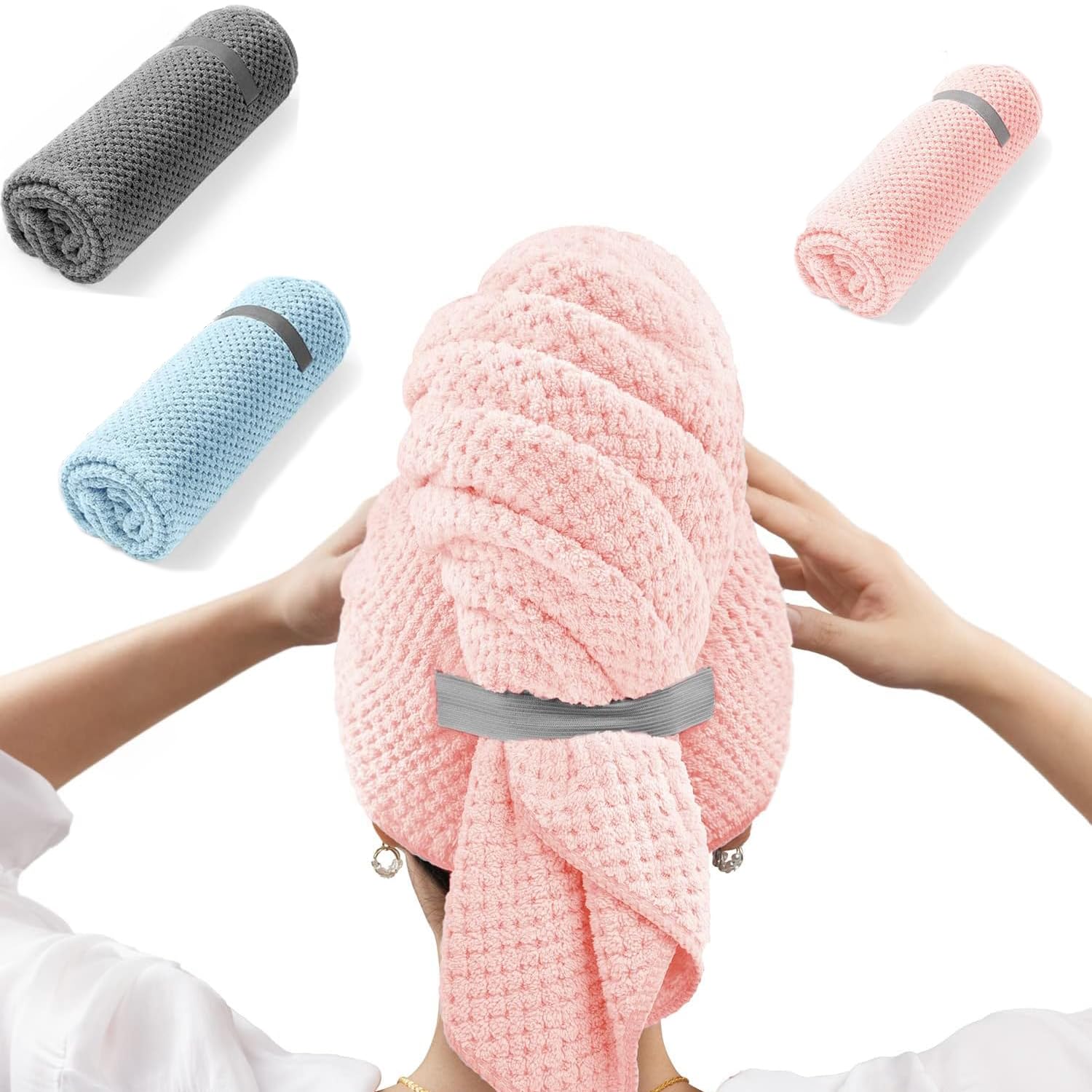 STAYOUNG3 PCS Large Microfiber Hair Towel Wrap - Quick Dry Hair Turban Towel with Elastic Band Durable and Easy to Use for Curly Hair, Long & Thick Hair(Pink Gray Blue)