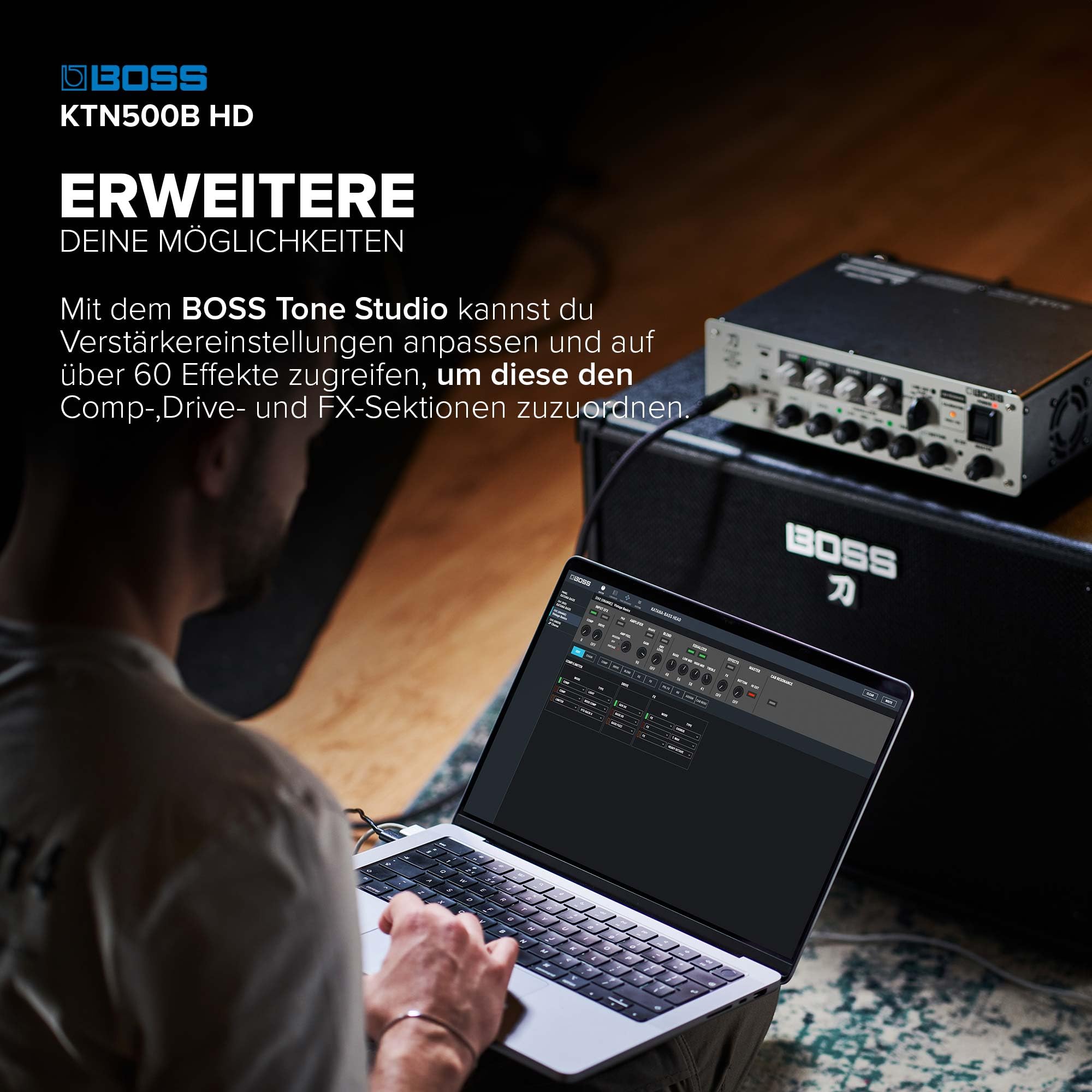 BOSS Katana-500 Bass Head | Kompakter 500W Bass-Topteilverstärker mit professionellen Soundwerkzeugen | Innovative Cabinet-Kalibrierung | Zugriff auf über 60 Effekte mit BOSS Tone Studio
