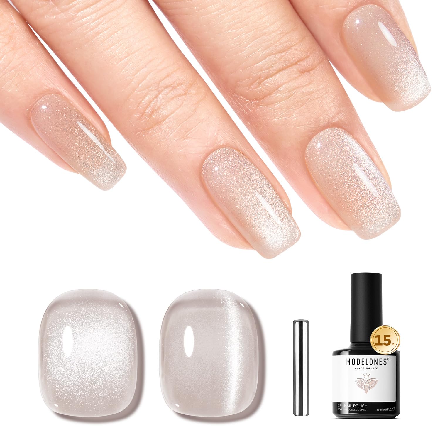 Modelones マグネットジェル 磁石付き キャットアイジェルネイルポリッシュ 15ml シルバーヌードグリッター ホログラフィックガラスキャットアイ サマージェリーシマー 反射型半透明 U V ジェル マグネティックネイルポリッシュ 女性・ガール向け カラージェル ジェル ポリッシュ ネイルジェル