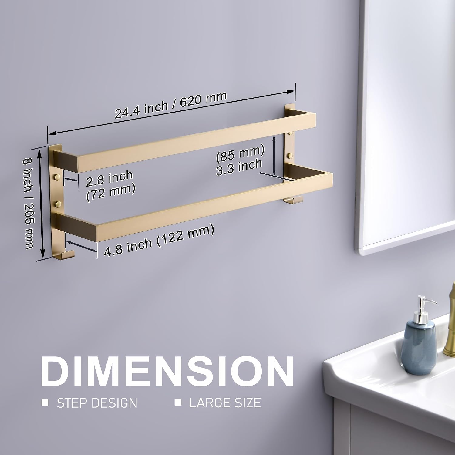 Double Towel Bar Towel Racks for Bathroom, Bath Towel Holders Wall Mount, Stainless Steel Towels Shelves Towel Rail, 2-Tiers (Brushed Gold, 24 Inches)
