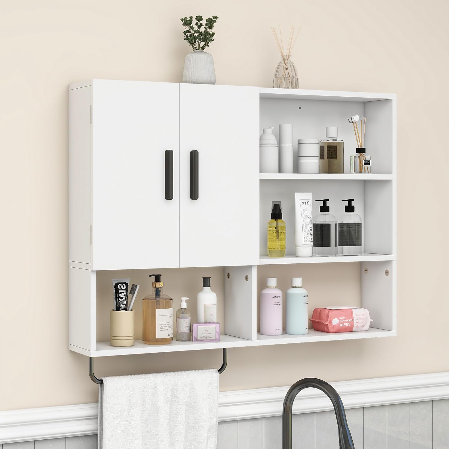 Medicine Cabinet, Wooden Bathroom Wall Cabinet with 2 Doors, Adjustable Shelves & Towel Bar, Over Toilet Storage Cabinet Wall Mounted for Kitchen & Laundry, White