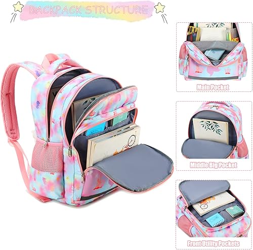 Miniatura 3 de Mochilas para niñas, mochila de sirena con bolsa de almuerzo, caja de lápices para niños, mochila preescolar, juego de mochila para jardín de