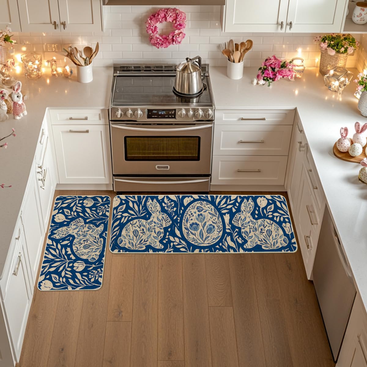 Artoid Mode Blue Rabbit Bunny Egg Easter Kitchen Mats Set of 2, Spring Home Decor Low-Profile Kitchen Rugs for Floor - 17x29 and 17x47 Inch
