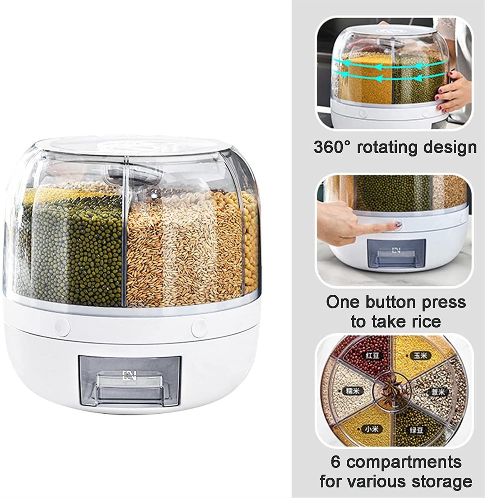 Contenitore per riso, girevole a 360°, grande capacità di 3,2 kg, 6 griglie, dispenser per alimenti rotante, visibile e rotondo, per cereali, snack, caramelle, chicchi di caffè, fai