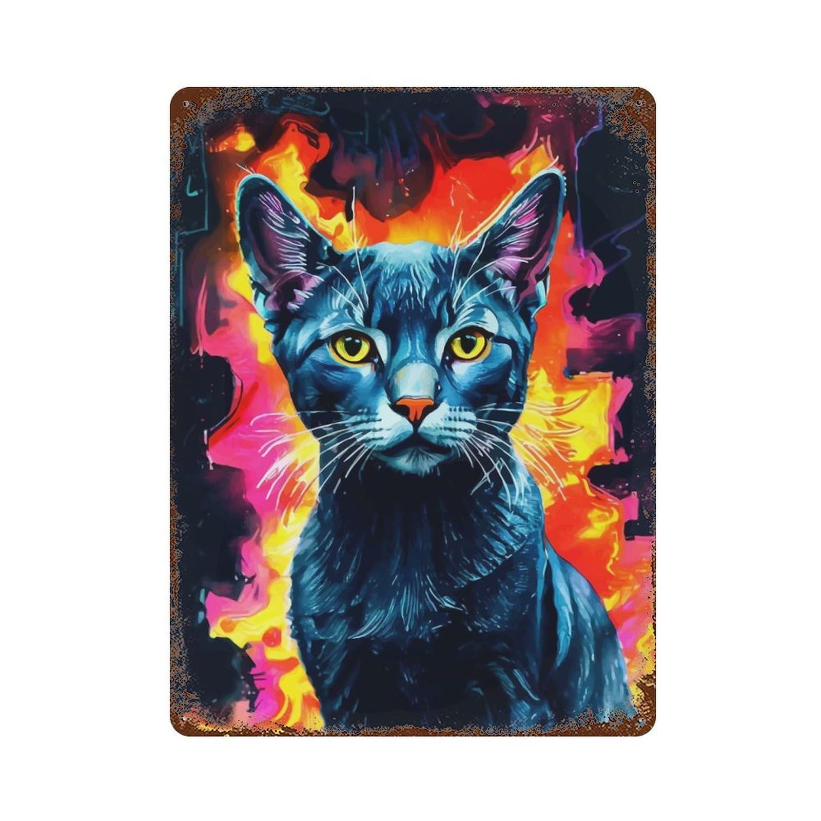 Distressed Metal Wall Sign Russian Blue Cat in Flames 15.7"x11.8", Vintage Wall Decor for Garage, Bar And Workshop Decor
