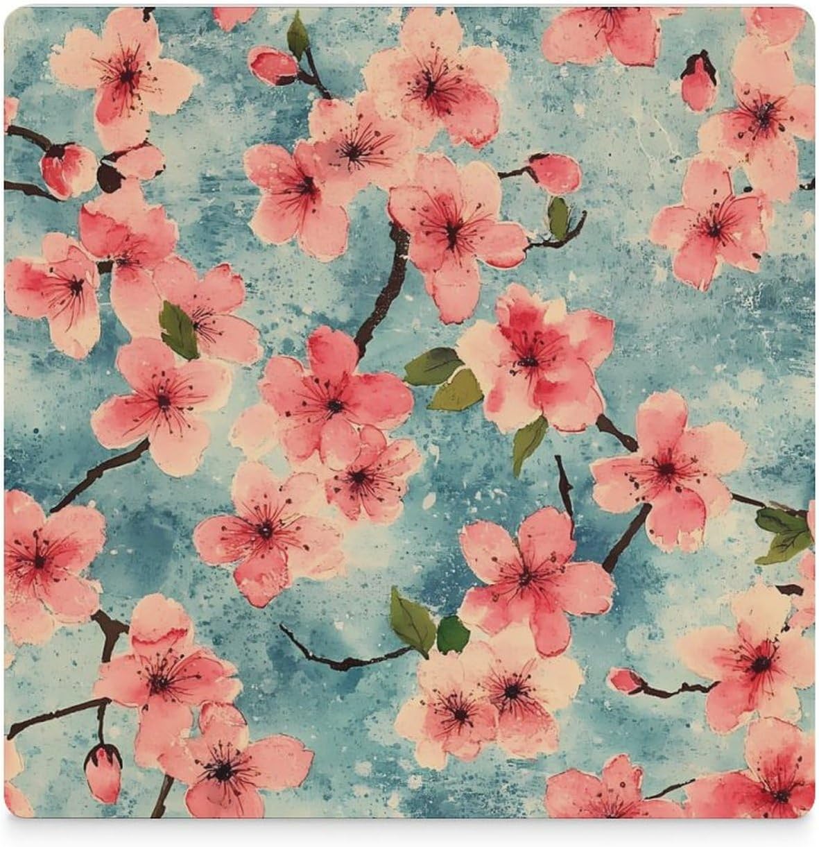 Cherry1 Watercolor Blossoming Funny Ceramic Coasters for Drinks Absorbent Cup Holder Tabletop Protector with Cork Base
