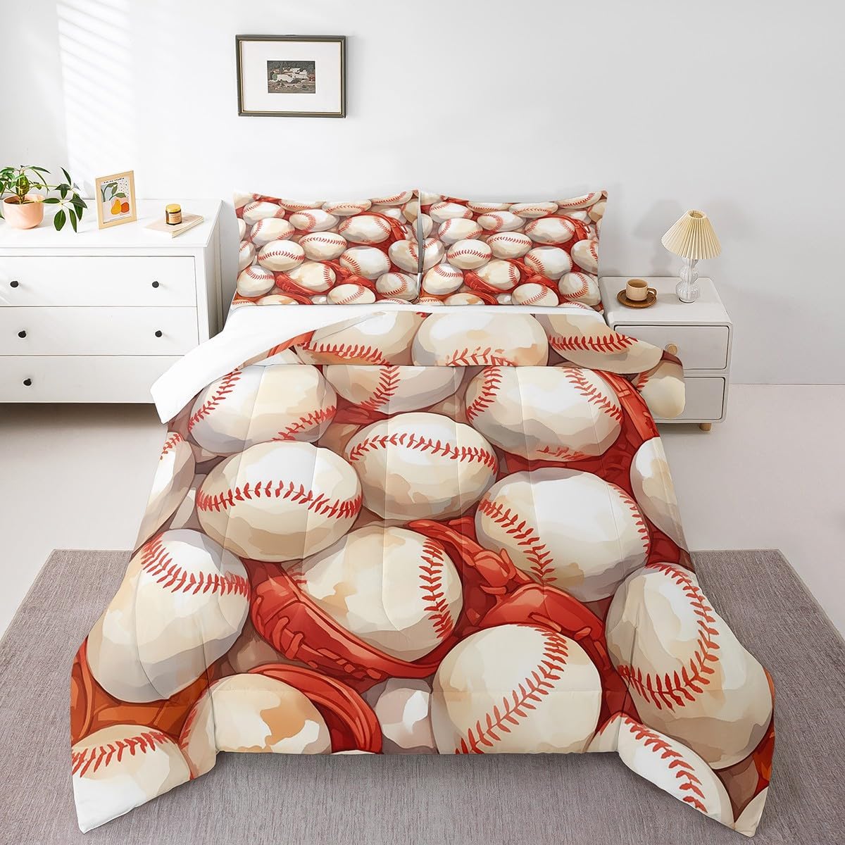 Softball Comforter Set Queen Size,Baseball Games Bedding Set for Kids Boys Teens Men Room Decor,Ball Sports Theme Microfiber Duvet Insert 3Pcs,White Red Balls Modern Fashion Quilt Set,2 Pillowcases