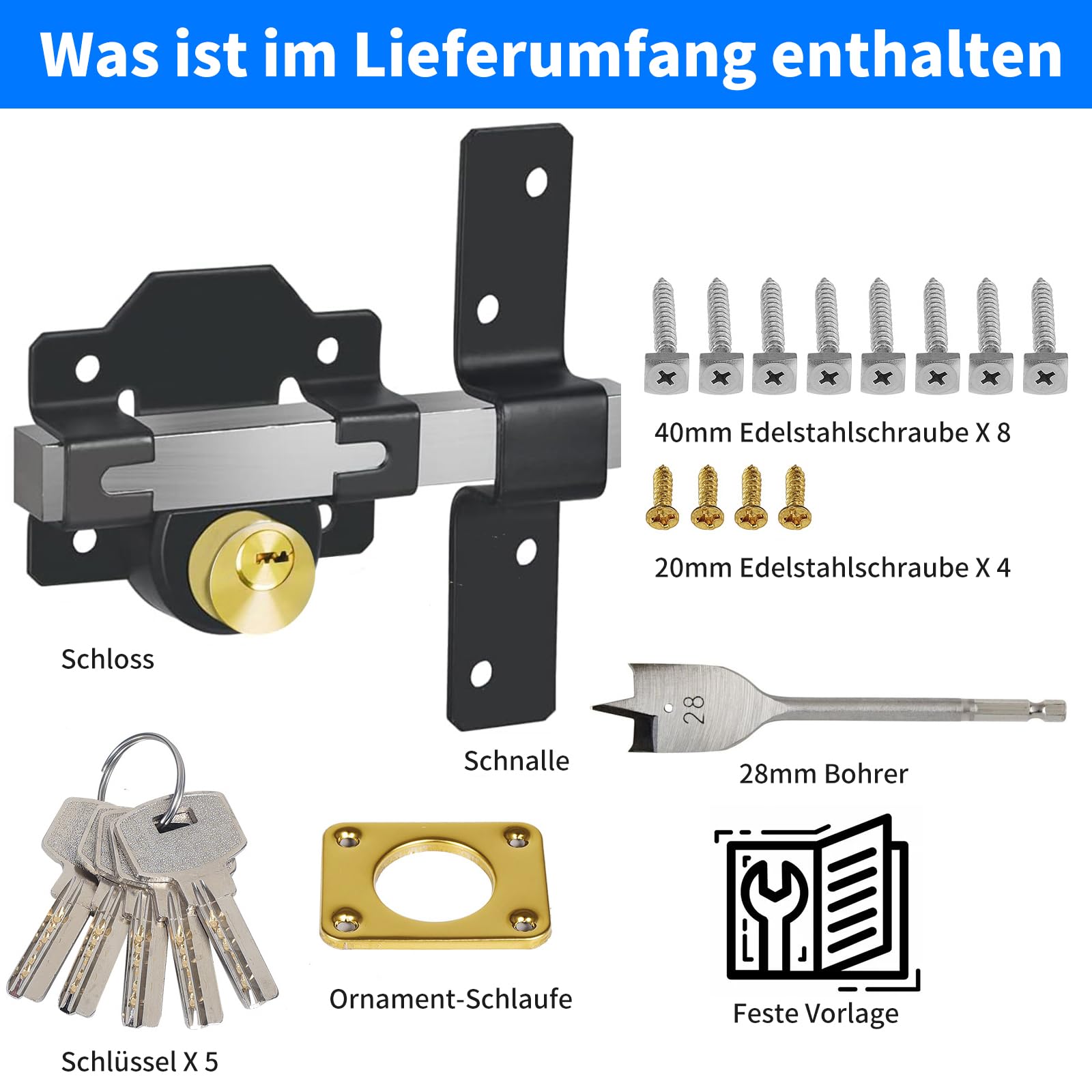 Türschloss mit langem Riegel, 50 mm, Doppelverriegelung, Edelstahl, Türschloss für Holztore, 5 Schlüssel