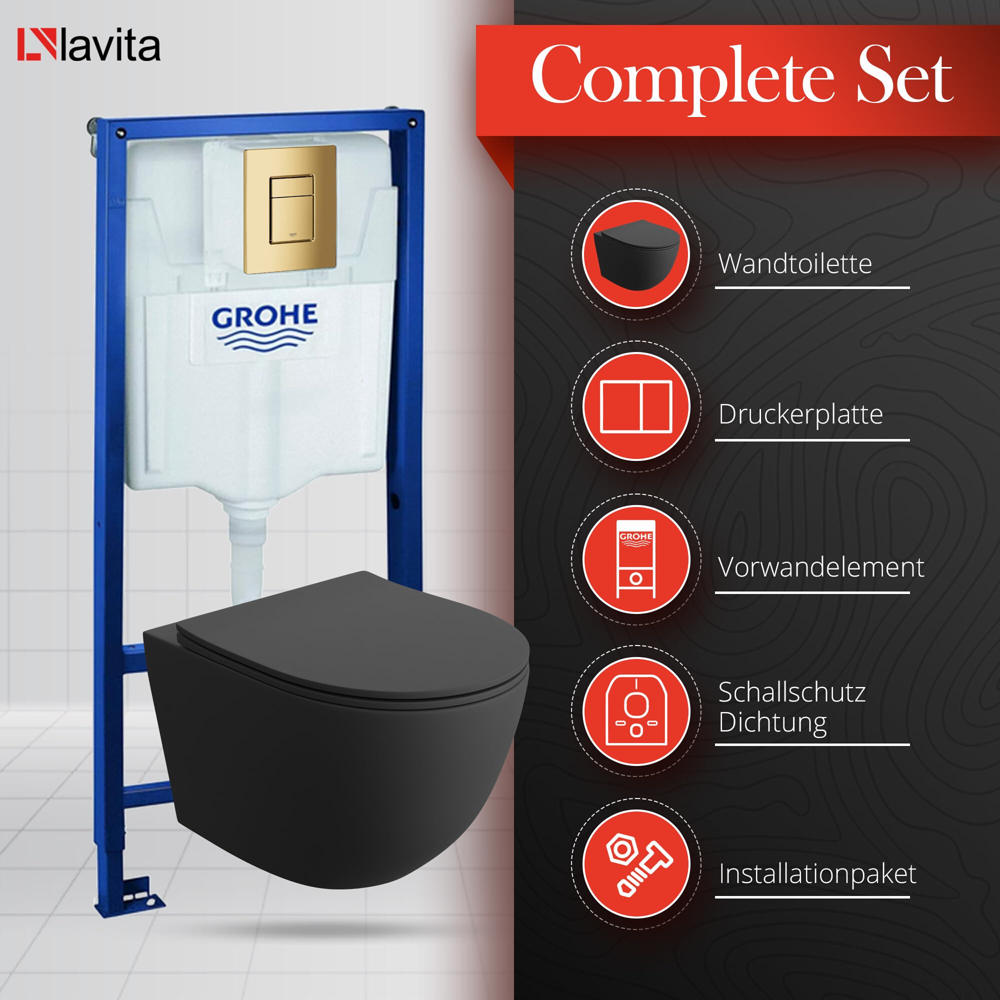 LAVITA | Elemento de pared Solido + pared colgante de inodoro Sinto negro sin borde + asiento de inodoro SoftClose | Botón dorado | Juego completo | cisterna empotrada | inodoro completo