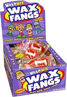 Wack-O-Wax Fangs – Fun Candy Halloween Toy – Individually Wrapped Peanut and Gluten Free Candy – Cherry, 24 Count Box