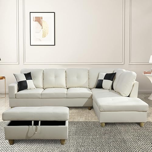 Miniatura 3 de SIENWIEY Sofá seccional blanco para sala de estar, sofás seccionales en forma de L de piel sintética para sala de estar, juego con diván y otomana