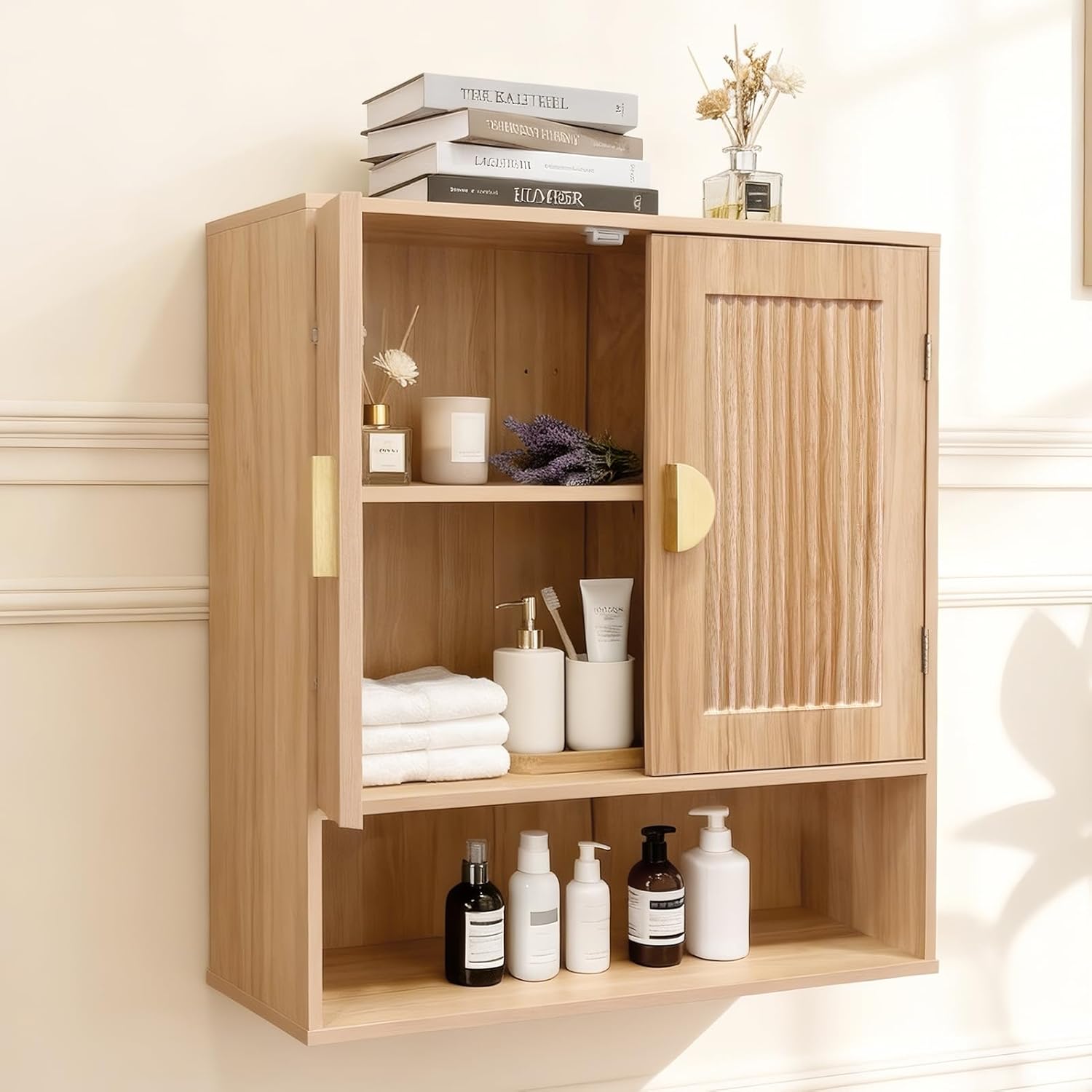 Mazatzal Bathroom Medicine Cabinet, Modern Wall Storage Cabinet with Adjustable Wood Shelf & Grille Design Doors, Over The Toilet Storage Cabinets for Laundry Room, Kitchen, Living Room, Natural