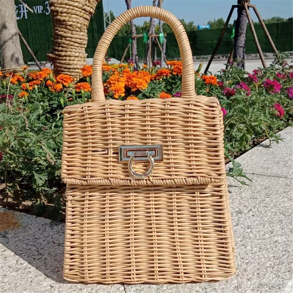 Sac de Plage Panier en Rotin Tissé, Sac à Main en Paille pour Femmes