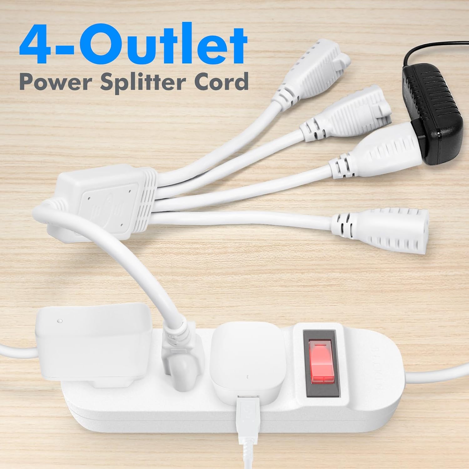 POWERCORDS 4 Way Power Splitter - 4 Outlet Extension Cord, 1.5' Short Extension Cord UL Listed, Outlet Splitter 3 Prong, Power Strip Socket Plug, AC Line Electric Y Style Cable, White, 16 AWG, 2 Pack