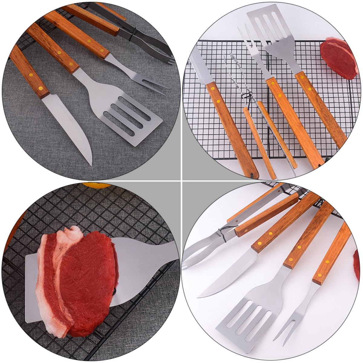 Langlebiges Grillbesteck aus Edelstahl mit Holzgriffen 1 Satz Praktisches Grillzubehör für Campingliebhaber und Gourmets Einfach zu Bedienen und Braun Gestaltet