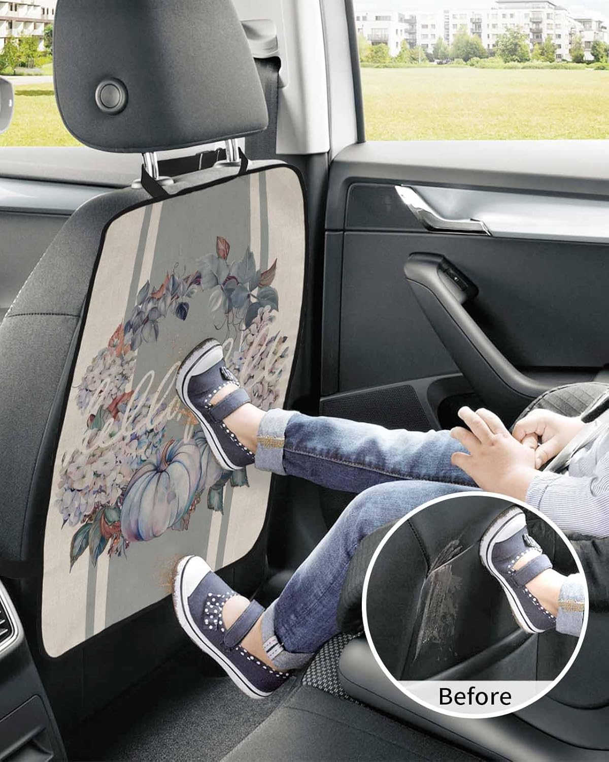 Car Seat Protector, 2 Pack Kick Mats Back Seat Protector Fall Thanksgiving Pumpkin Leaves Wreath Grey Striped Linen Waterproof Backseat Cover for Kids Universal Fit Automotive Interior Protectors
