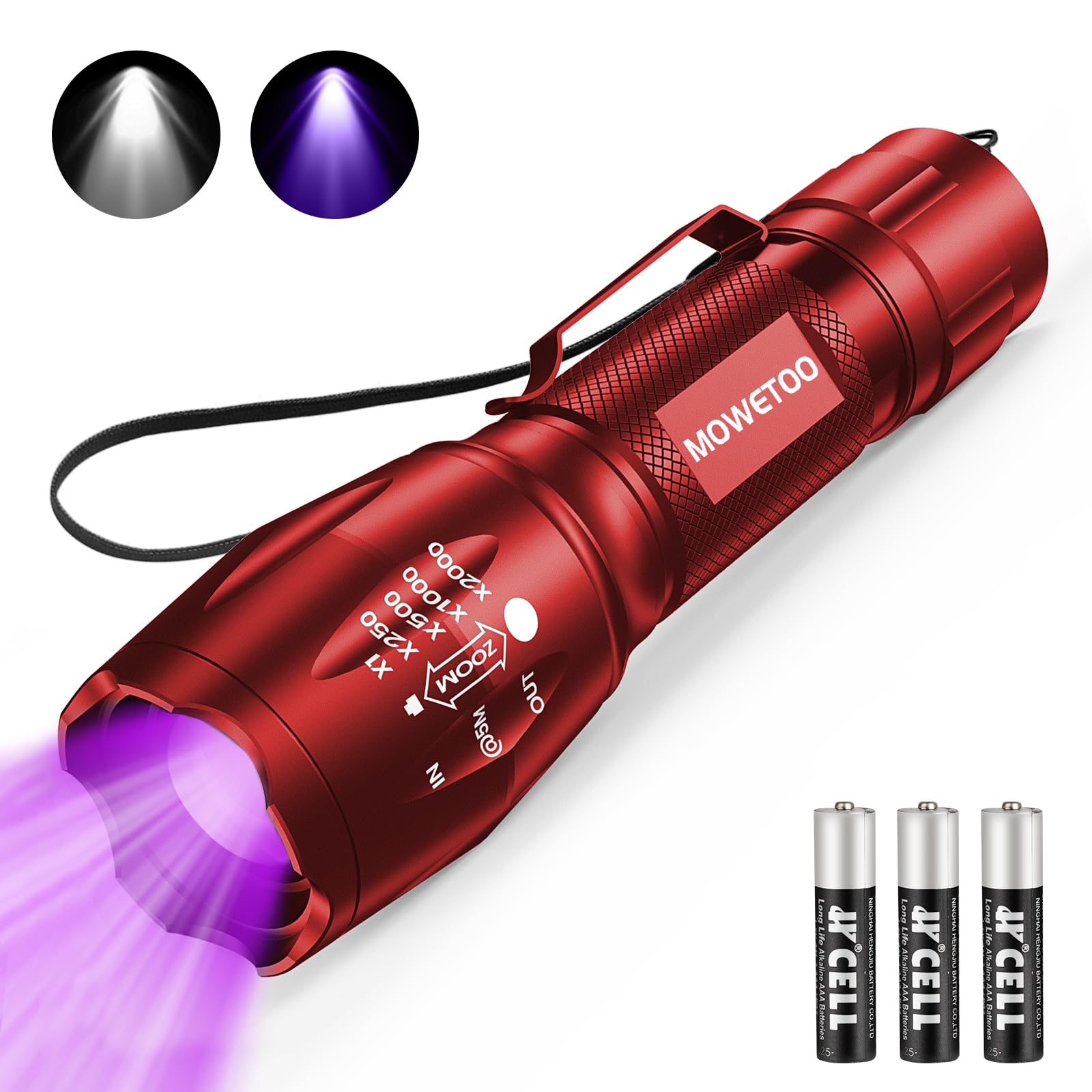 MOWETOO Taschenlampe, UV Lampe 2 in 1 Schwarzlichtlampe, 395nm Ultraviolette 4 Modi, Detektor für Unechte Banknoten, Urin von Hunde und Andere Haustiere Urin-Detektor, Inklusive 3 AAA Batterien 40W