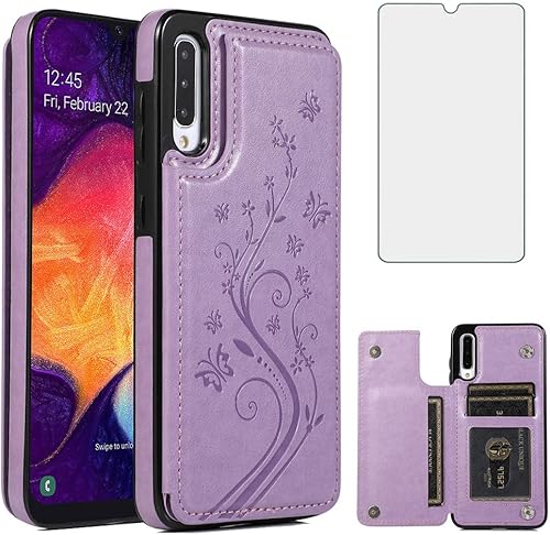 Miniatura 8 de Funda de teléfono para Samsung Galaxy A50 con protector de pantalla de vidrio templado y tarjetero con soporte para tarjetero, accesorios de cuero