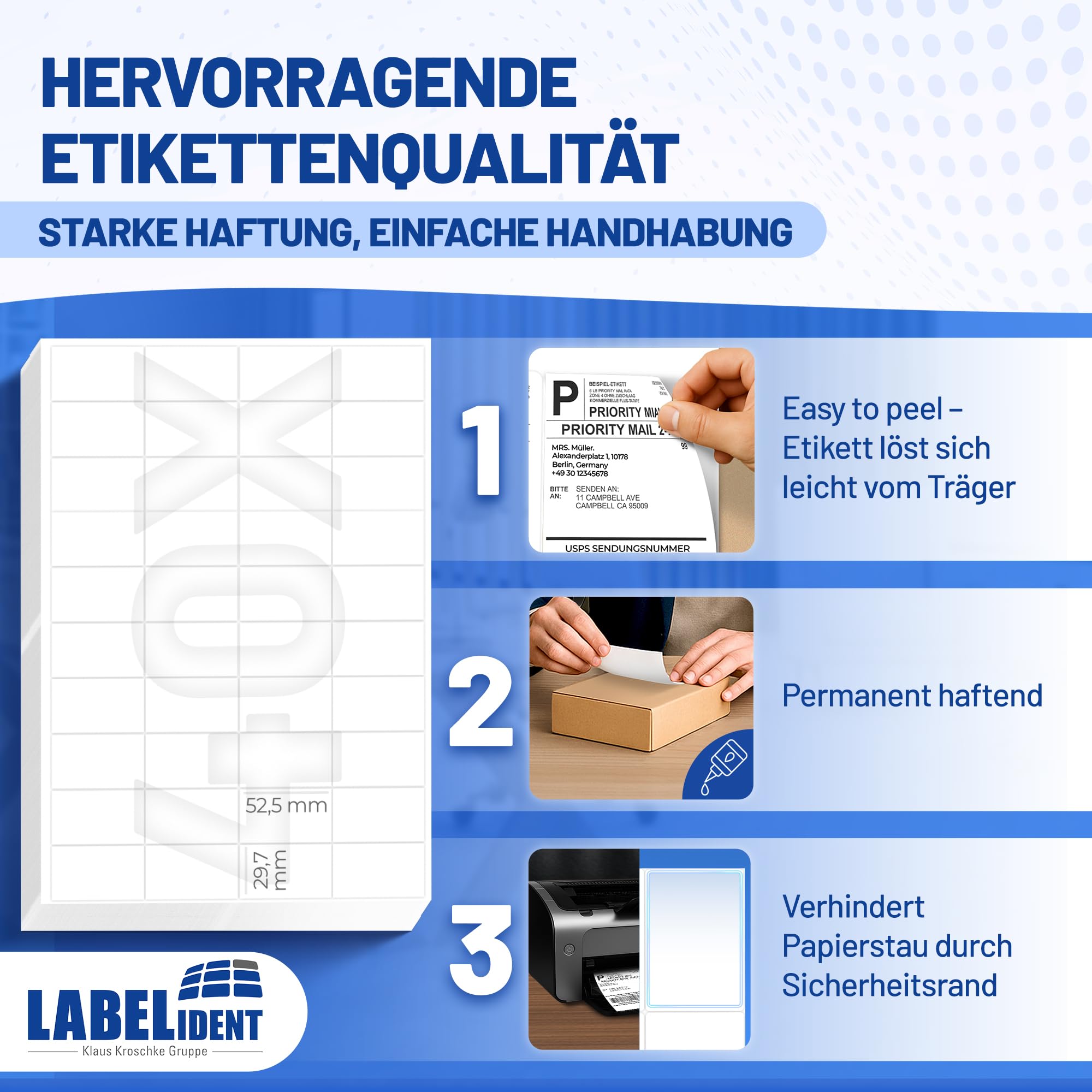 Labelident Etichette laser per Amazon FBA Versand – 53 x 30 mm – 20000 etichette di carta bianche su fogli DIN A4, opache, autoadesive, 500 fogli