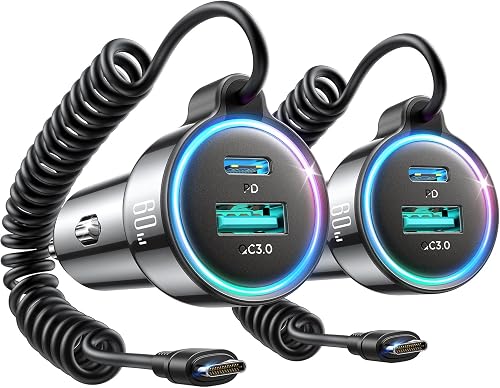 Paquete de 2 cargadores rápidos de automóvil de 60 W USB C, PD y QC3